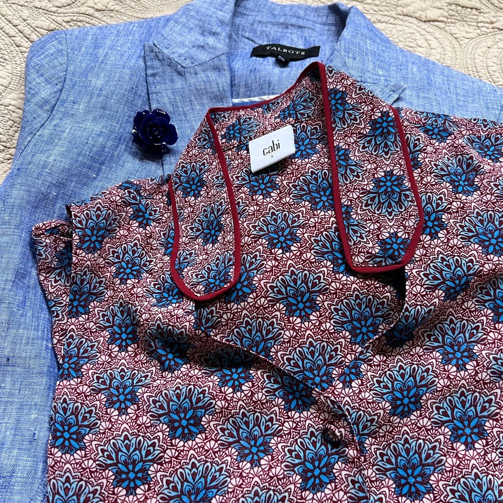 CAbi Floral Print Polo Blouse in Blue and Burgundy